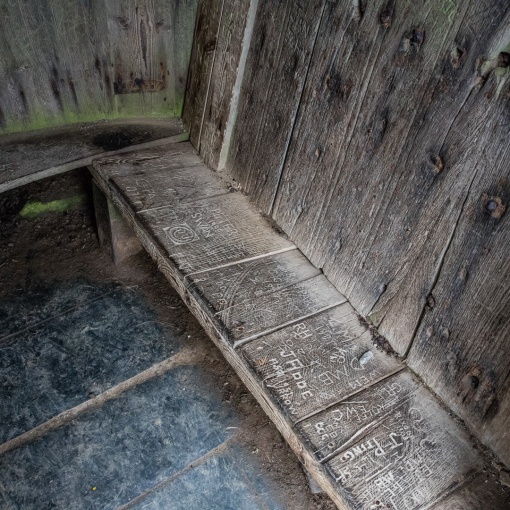 Hawker’s Hut interior, built from driftwood and timber retrieved from shipwrecks, Cornwall.